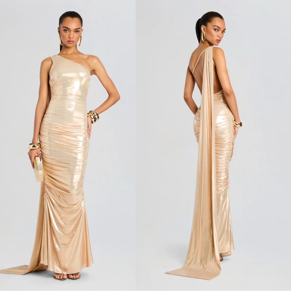 Retrofete Shannon Metallic Maxi Dress Golden Latte Lame - Size XXS
